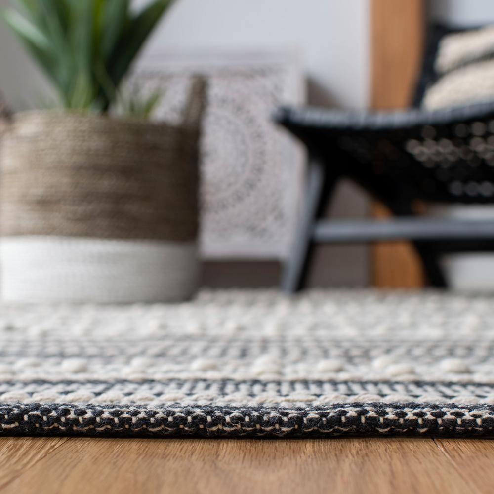 Black and Ivory Handwoven Wool Cotton Striped Area Rug