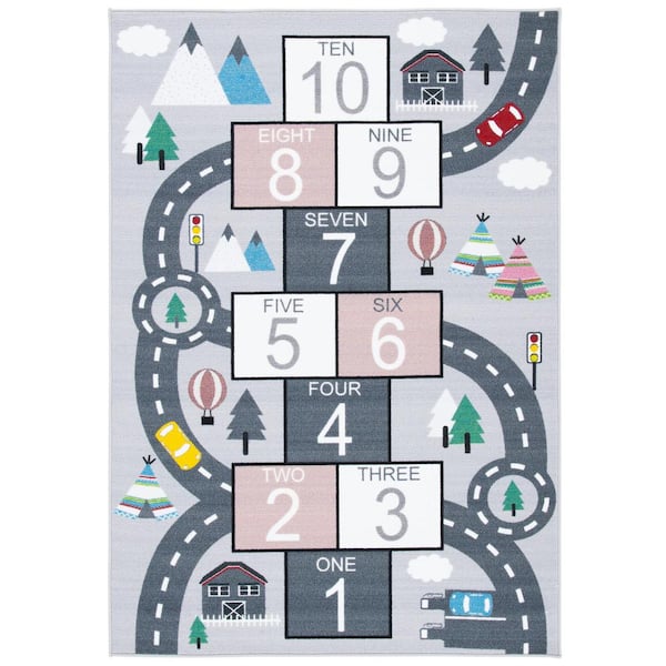 Kids Playhouse Gray/Pink Doormat 3 ft. x 5 ft. Machine Washable Novelty Area Rug