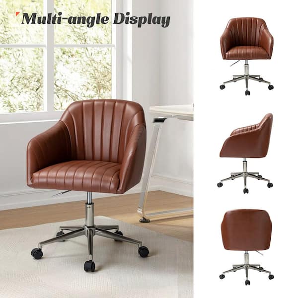 Brown Industrial Swivel Office Chair Leather Upholstered Task Chair  Adjustable Height