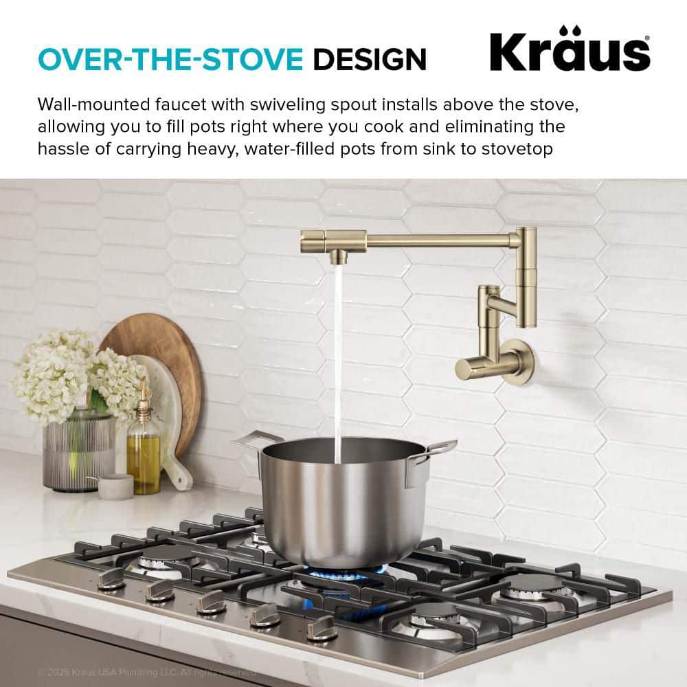 Bolden Wall Mount Pot Filler Kitchen Faucet with Retractable Arm in Spot-Free Antique Champagne Bronze