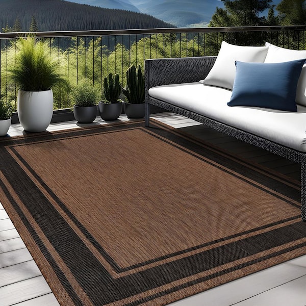 Essence Gold/Black 10 ft. x 14 ft. Bordered Easy to Clean Indoor Outdoor Area Rug