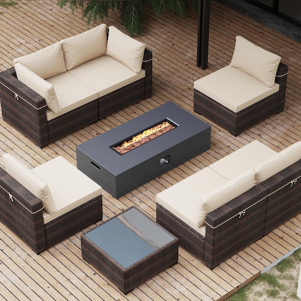 8-Pieces Wicker Patio Furniture Set With Gas Propane Concrete Fire Pit Table, Conversation Set with Beige Cushions