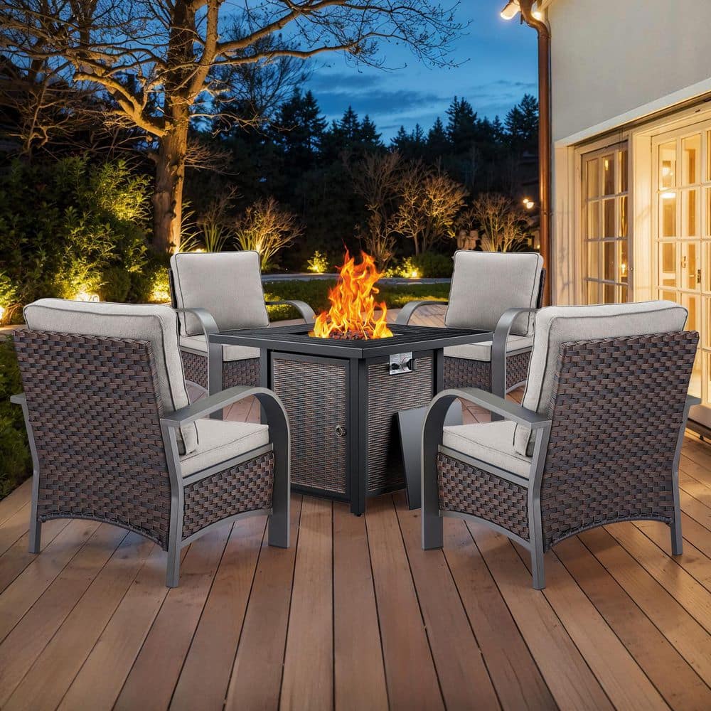 Carlos 5-Piece Wicker Patio Conversation Set with Armchair, Firepit and Beige Cushions price history on PriceWatchPro