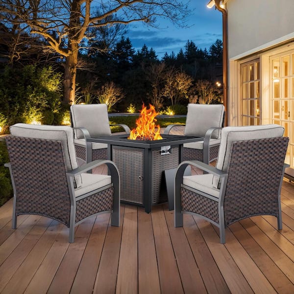 Carlos 5-Piece Wicker Patio Conversation Set with Armchair, Firepit and Beige Cushions