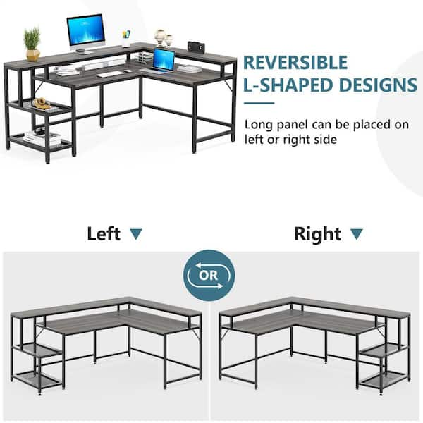 Tribesigns Reversible L Shaped Computer Desk with Monitor Stand, 69 inch Large Corner Desk with Storage Shelf, Industrial Computer Table Writing Desk