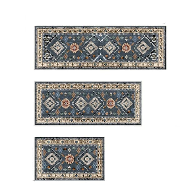 Siavonce 20 in. x 60 in. Set of 3 Kitchen Rugs with Runners Non-slip Kitchen Rugs and Pads, Indoor Washable Mats, Blue