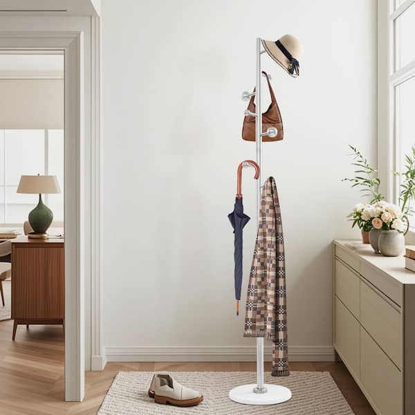 5.67 ft. H, Freestanding Metal Stainless Steel Coat Rack with 8-Hooks (White Bottom)