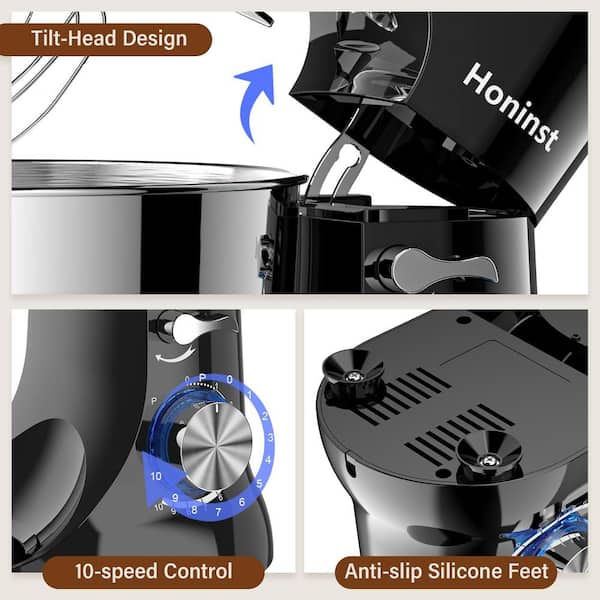 BigChef 5.5 Qt. 650-Watt 10-Speed Black Stand Mixer with Dough Hook, Whisk and Beater