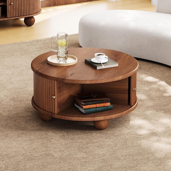 Polibi 31.8 in. Walnut Round Pine Wood Coffee Table with Storage