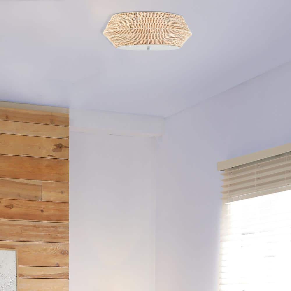 Mililani Natural Bamboo and Iron Drum Flush Mount Ceiling Light