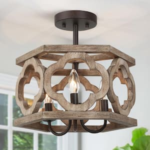 Farmhouse Antique Wood Drum Semi-Flush Mount 3-Light Rustic Kitchen Island Ceiling Lamp with Rusty Bronze Candle Holders