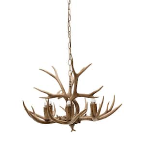 6-Light Vintage Brown Resin Antler Chandelier Deer Horn Hanging Countryside Light