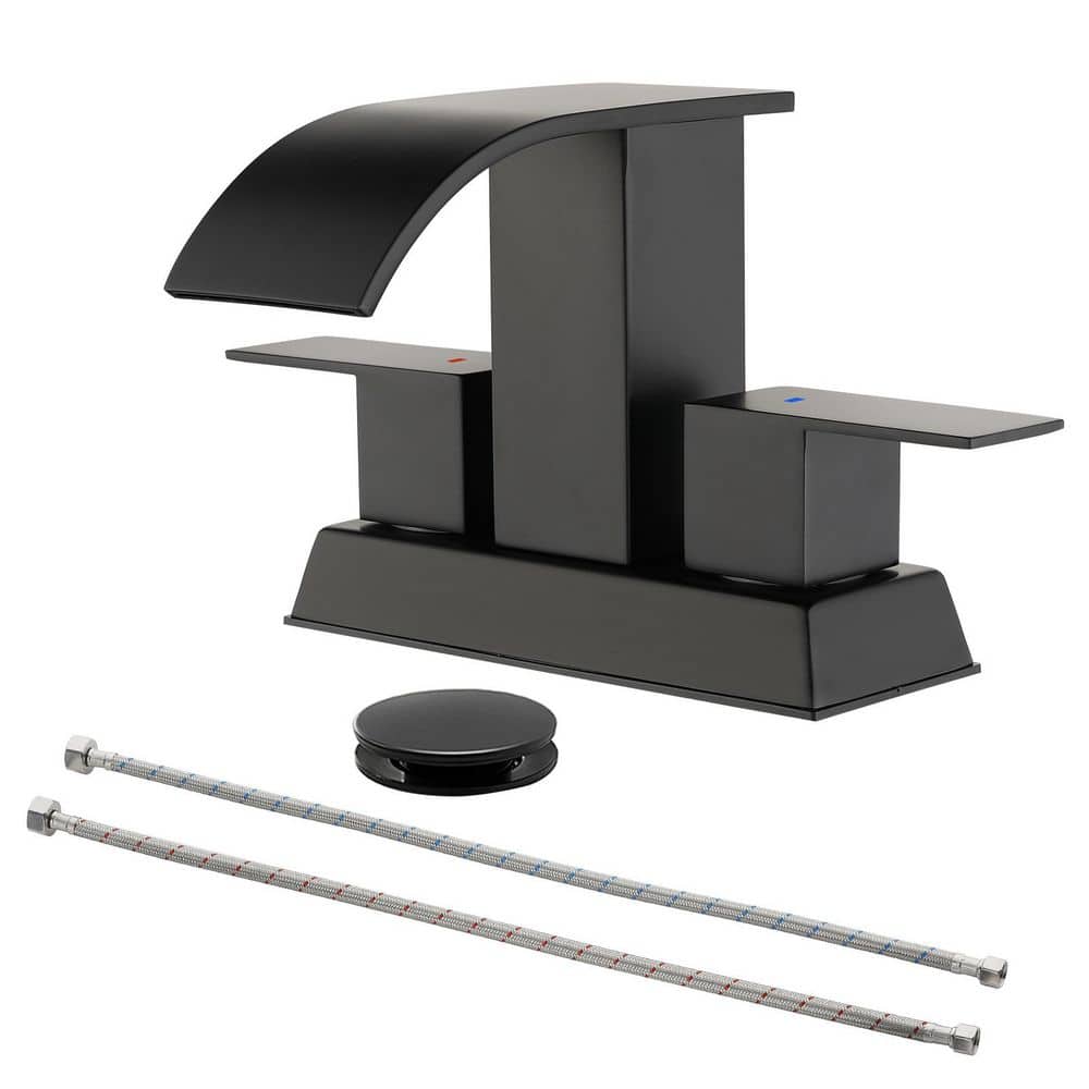 4 in. Centerset Double Handle Waterfall Bathroom Faucet with Drain Kit, Squ