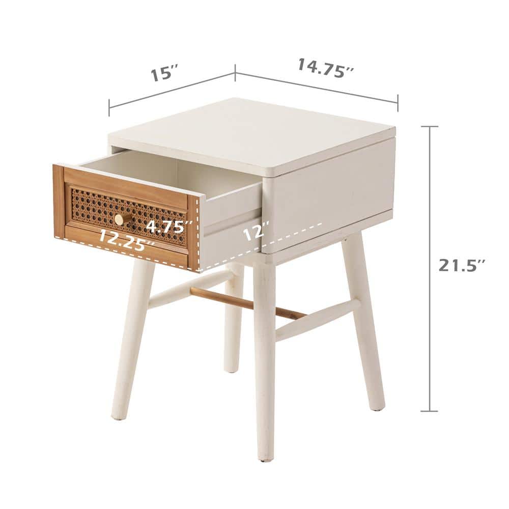Coastal Chic Distressed White Woven Cane Nightstand with Brass Knobs