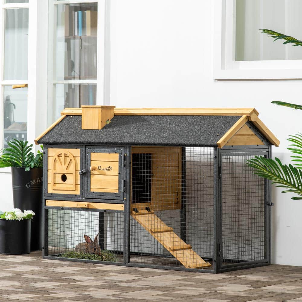 47" Natural Fir Wood and Metal Outdoor Rabbit Hutch with Ramp