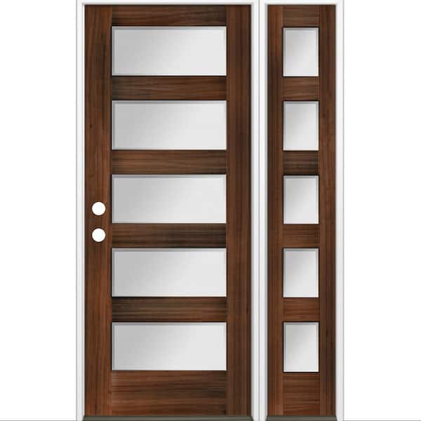 Krosswood Doors 50 in. x 80 in. Modern Hemlock 5-Lite Right-Hand/Inswing Frosted Glass Red Mahogany Stain Wood Prehung Front Door w/RSL