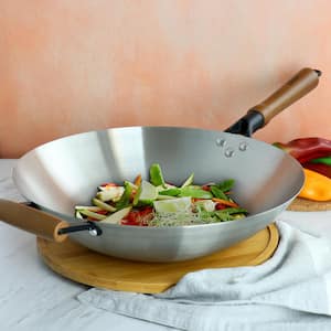 Sangerfield 14 in. Stainless Steel Flat Bottom Wok in Silver with Wooden Handles