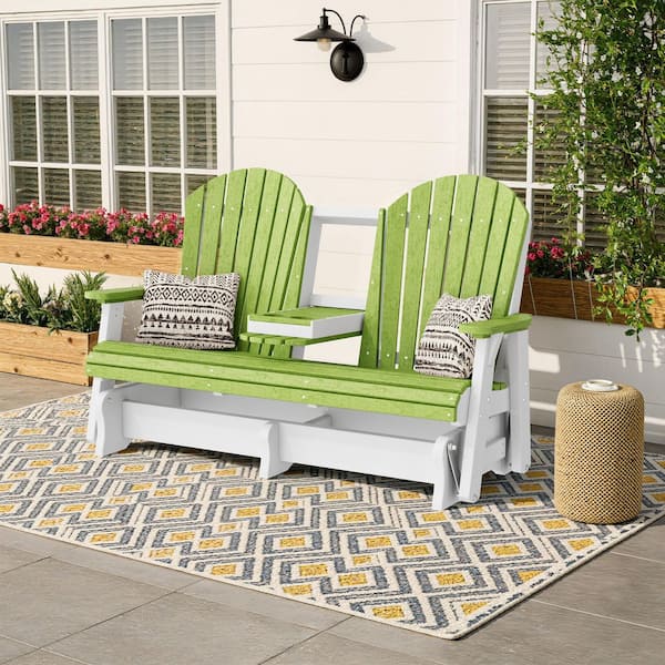 Heritage 2-Person Lime Green and White HDPE Plastic Outdoor 5 ft. Glider with Console