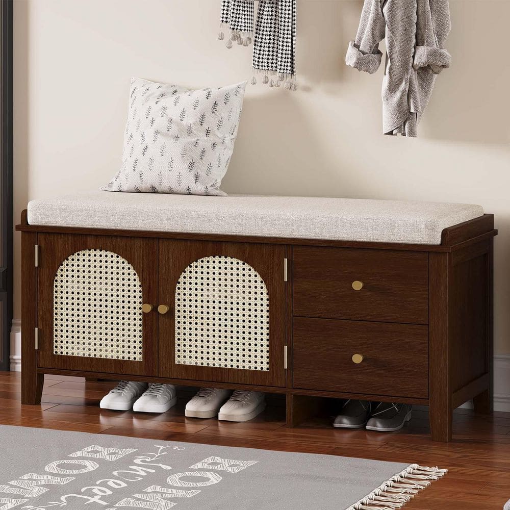 Espresso MDF Vintage Shoe Bench with Storage and Cushion 42 in. Entryway Be