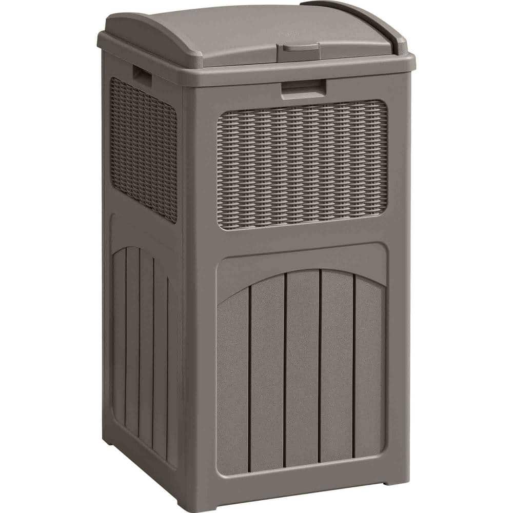 33 Gal. Resin Light Brown Outdoor Hideaway Patio Lid Trash Can