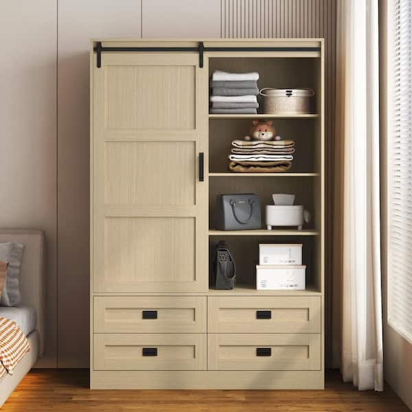 Farmhouse Collection Beige Wood 47.24 in. Armoire with Hanging Rod & Open Shelves