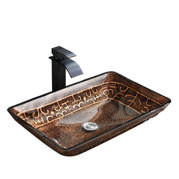 Interbath Golden Glass Rectangle Vessel Bathroom Sink in Brown and Gold Fusion Finish with Faucet and Pop-Up Drain in Matte Black