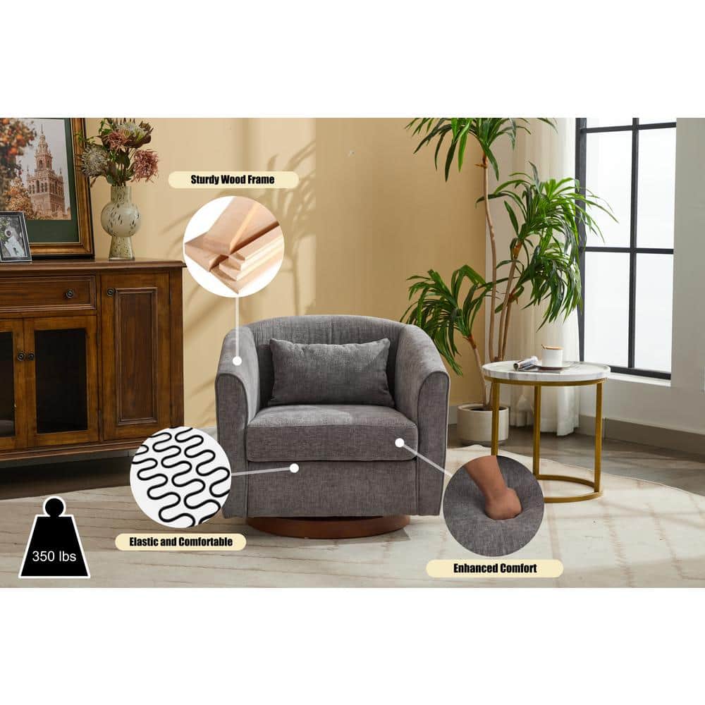 Gray Chenille Swivel Barrel Accent Chair with Wood Base