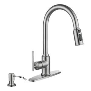 3 Patterns Stainless Steel Single Handle Pull Down Sprayer Kitchen Faucet with Flexible Hose Soap Dispenser in Nickel