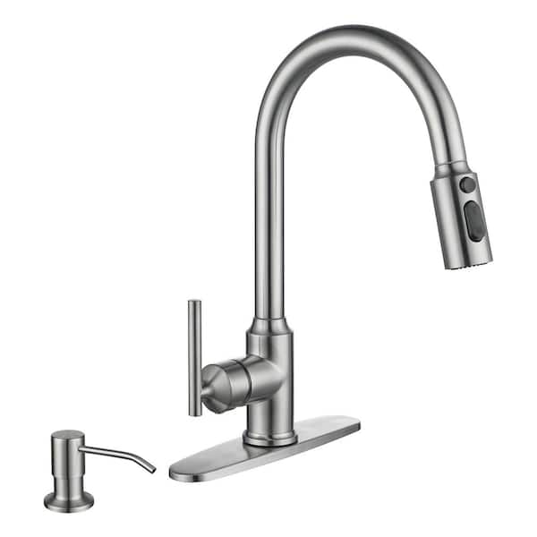 IVIGA 3 Patterns Stainless Steel Single Handle Pull Down Sprayer Kitchen Faucet with Flexible Hose Soap Dispenser in Nickel