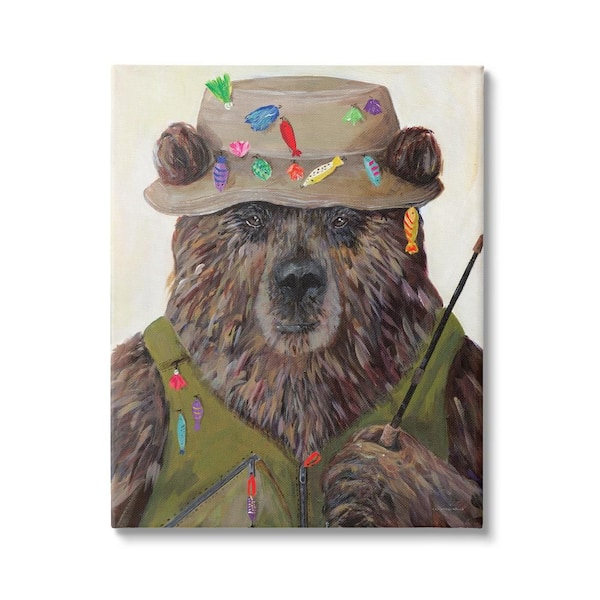 Stupell Industries Fisherman Outfit Grizzly Bear by Kamdon Kreations 1-Piece Wrapped Unframed Animal Graphic Art Print 30 in. x 24 in.