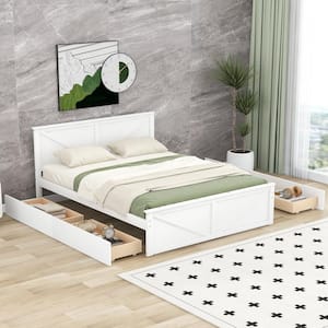White Wood Frame Queen Size Platform Bed with Four Storage Drawers