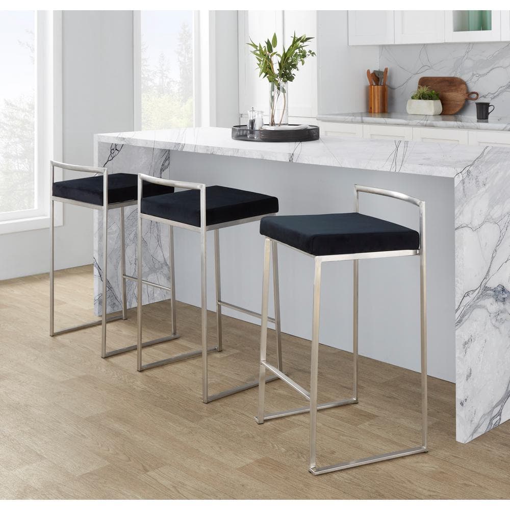 LumiSource Fuji 27.75 in. Black Velvet and Stainless Steel Stackable Counter Stool (Set of 3)