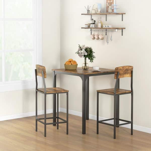 3 Piece Bar Table and Chairs Set, Industrial Small Dining Table Rustic Brown and Black (Set for 2)