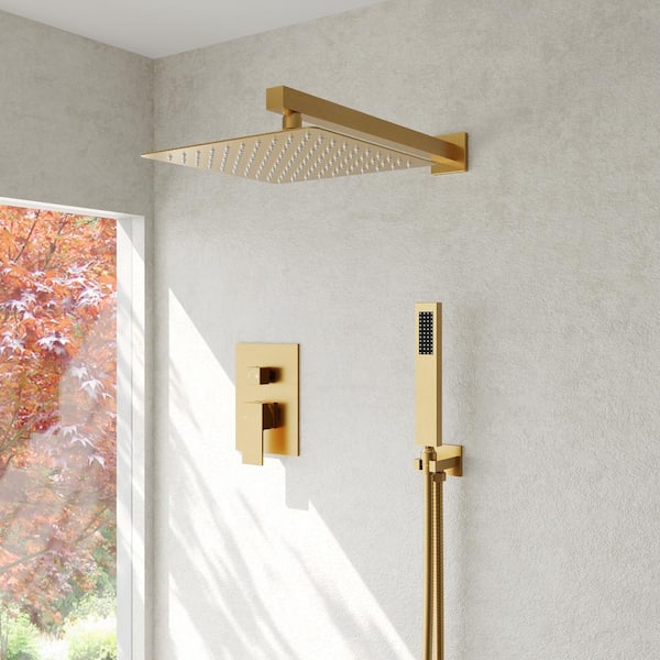 EVERSTEIN 2-Spray Patterns with 2.5 GPM 10 in. Wall Mount Dual Shower Heads with Hand Shower in Brushed Gold (Valve Included)