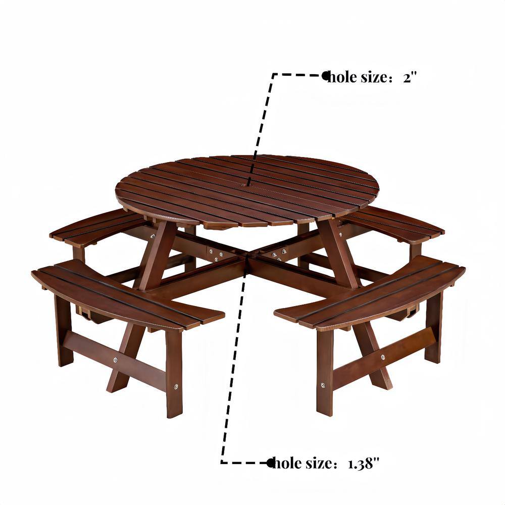 Brown Wood Round 8-Person Picnic Table with Built-in Benches and Umbrella Hole