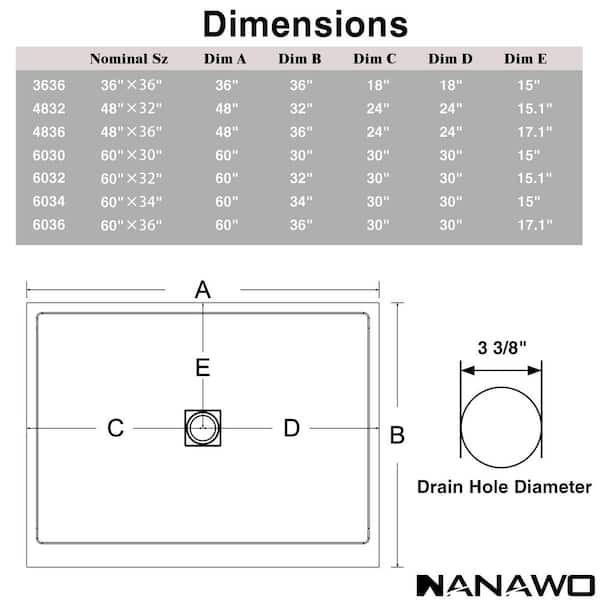 275 nana(●'ｗ'●) NANAWO 60 in. L x 32 in. W Alcove Shower Pan Base with Center