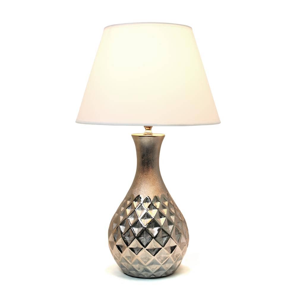 Juliet Metallic Silver Ceramic Nightstand Lamp with White Fabric Shade