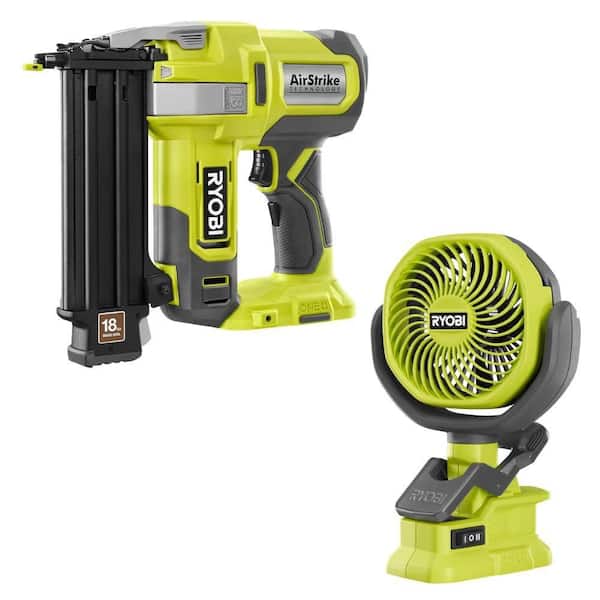 ONE+ 18V 18-Gauge Cordless AirStrike Brad Nailer with ONE+ 18V Cordless 4 in. Clamp Fan (Tools Only)