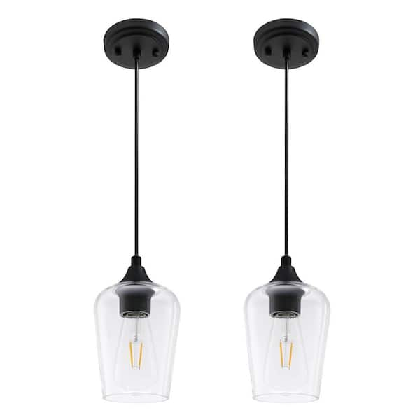 Modern Industrial 60-Watt Matt Black Shaded Pendant Lights with Clear Glass Shade (Set of 2)