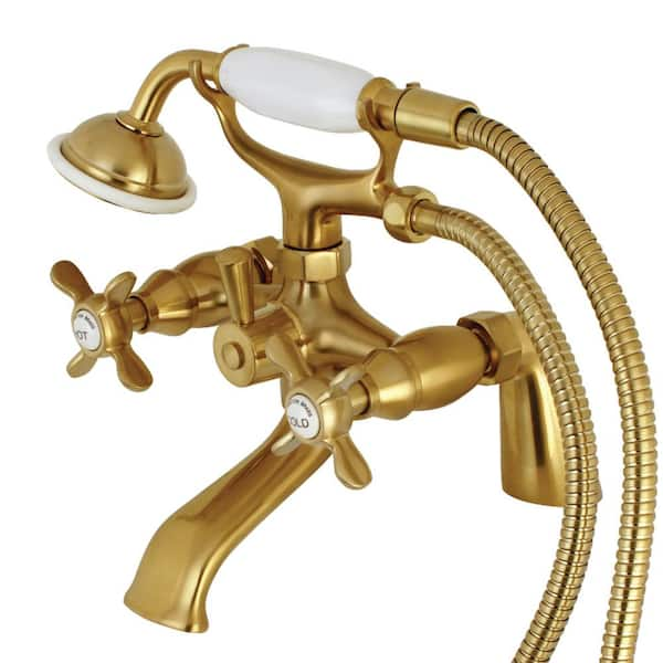 Kingston Brass Victorian 6 in. Deck Mount 3-Handle Claw Foot Tub Faucet with Handshower in Brushed Brass