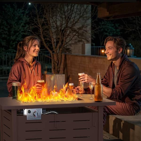 Brown 40 in. Metal Rectangular Propane Gas Fire Pit Table with Lid, Volcanic Rock, and Waterproof Cover