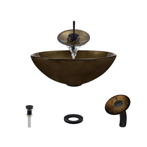MR Direct Glass Vessel Sink in Foil Undertone with Waterfall Faucet and Pop-Up Drain in Antique Bronze