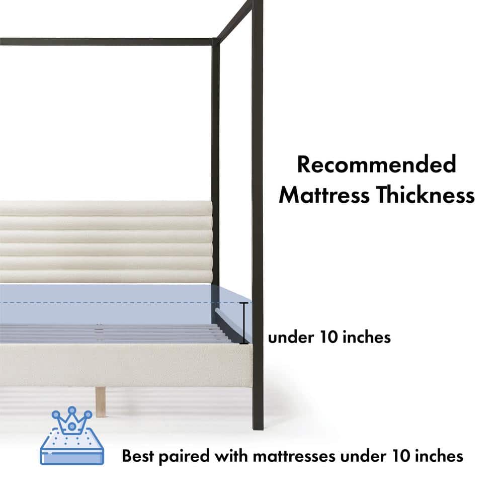White Queen Canopy Bed with Upholstered Headboard and Wood Frame