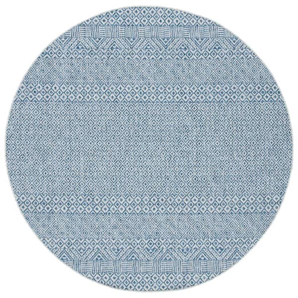 Courtyard Gray/Blue 10 ft. x 10 ft. Geometric Diamond Indoor/Outdoor Round Area Rug