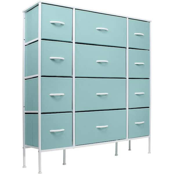 Sorbus 11.75 in. L x 46.5 in. W x 48.7 in. H 12-Drawer Aqua Dresser Steel Frame Wood Top Easy Pull Fabric Bins