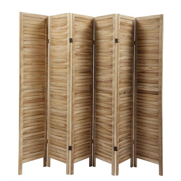 URTR Sycamore Wood 6 Panel Screen Folding Louvered Room Divider, Freestanding Privacy Screen Room Dividers, Light Burn