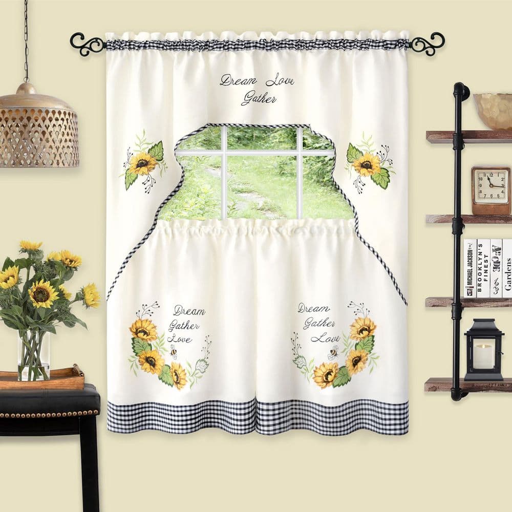 Wide White Polyester Sunflower Embellished Tier and Swag Curtain Set