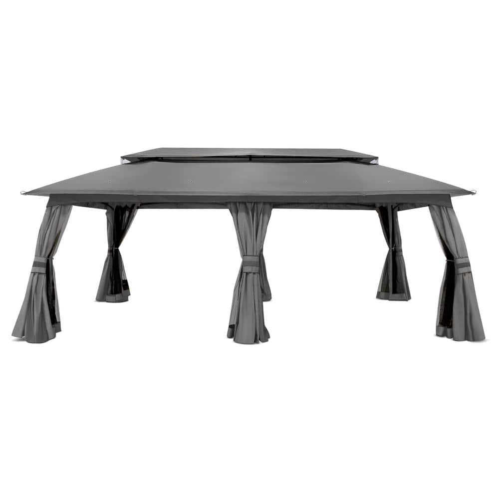 Gray Metal Patio Gazebo with Vented Roof and Curtains