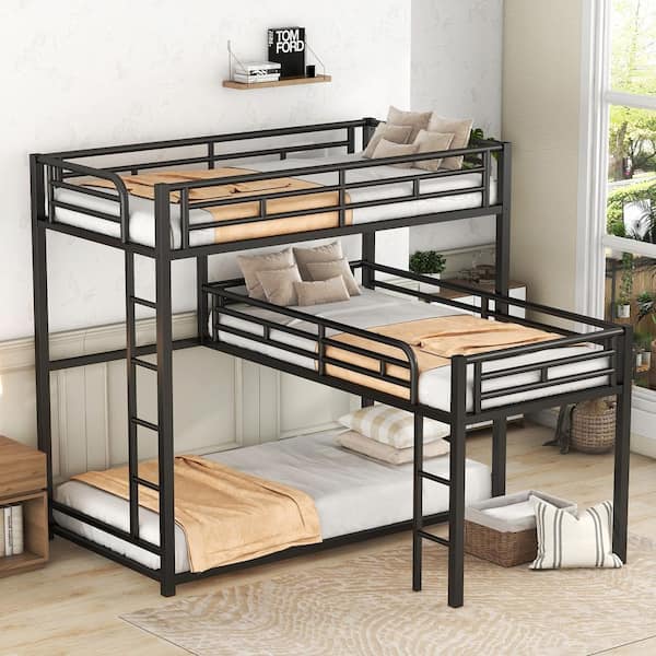 Black Twin Size L-Shaped Metal Triple Bunk Bed