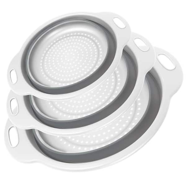 Collapsible Plastic and Silicone Colanders Gray-White (Set of 3) Foldable Kitchen Strainers with Non-Slip Bases